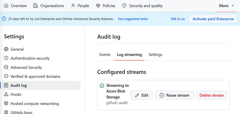GitHub audit log streaming configuration