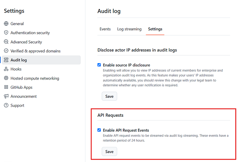 GitHub API request events setting