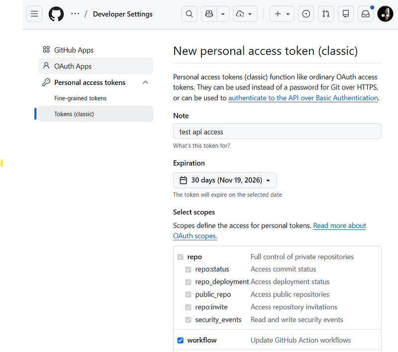GitHub personal access token configuration